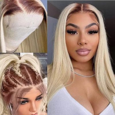 #4/613 Ombre Blonde Human Hair Real 360 Lace Frontal Wigs Pre Plucked 180% Density Full End HD Transparent 360 Straight Blonde Wig with Baby Hair Dark Brown Root Brazilian Glueless Wig 20Inch
