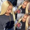 #4/613 Ombre Blonde Human Hair Real 360 Lace Frontal Wigs Pre Plucked 180% Density Full End HD Transparent 360 Straight Blonde Wig with Baby Hair Dark Brown Root Brazilian Glueless Wig 20Inch view 4