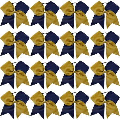 16PCS 8" Large Cheer Hair Bows Ponytail Holder Elastic Band Handmade for Cheerleading Teen Girls College Sports (Navy/Gold, 1 Count (Pack of 16))