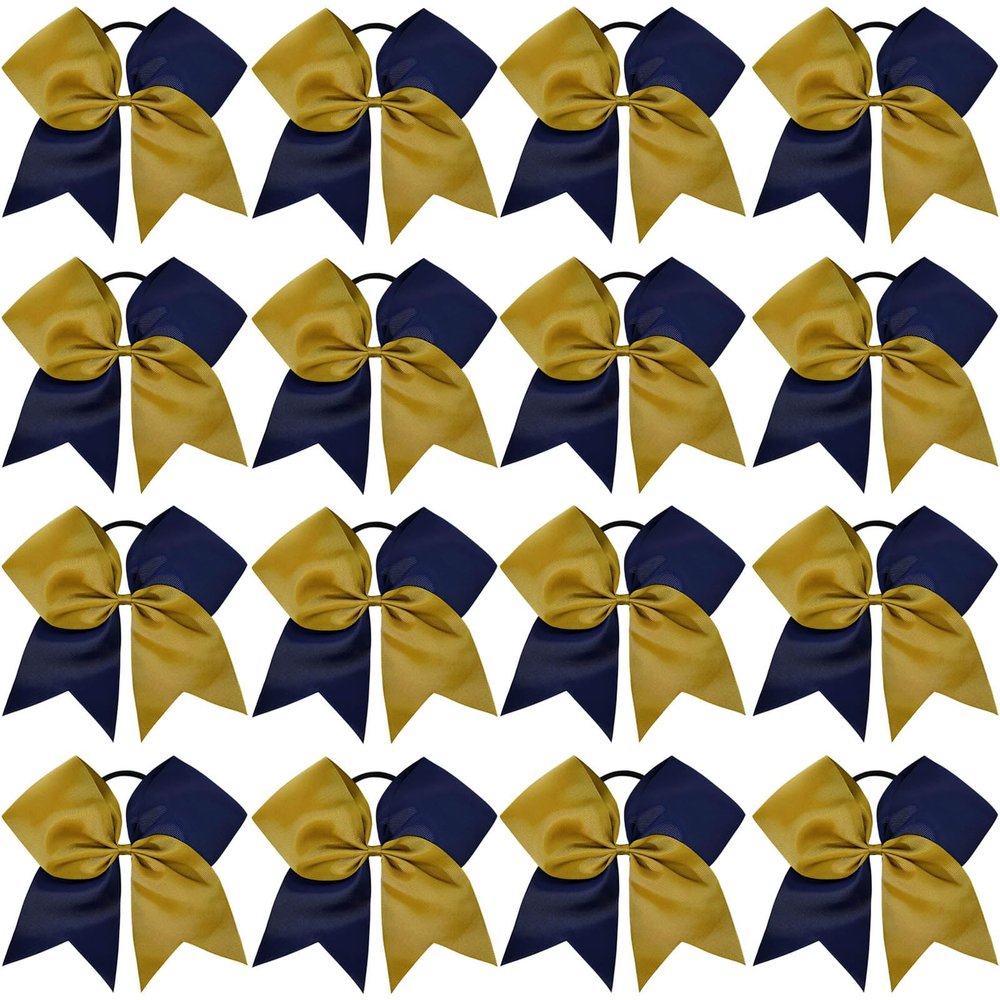 16PCS 8" Large Cheer Hair Bows Ponytail Holder Elastic Band Handmade for Cheerleading Teen Girls College Sports (Navy/Gold, 1 Count (Pack of 16))