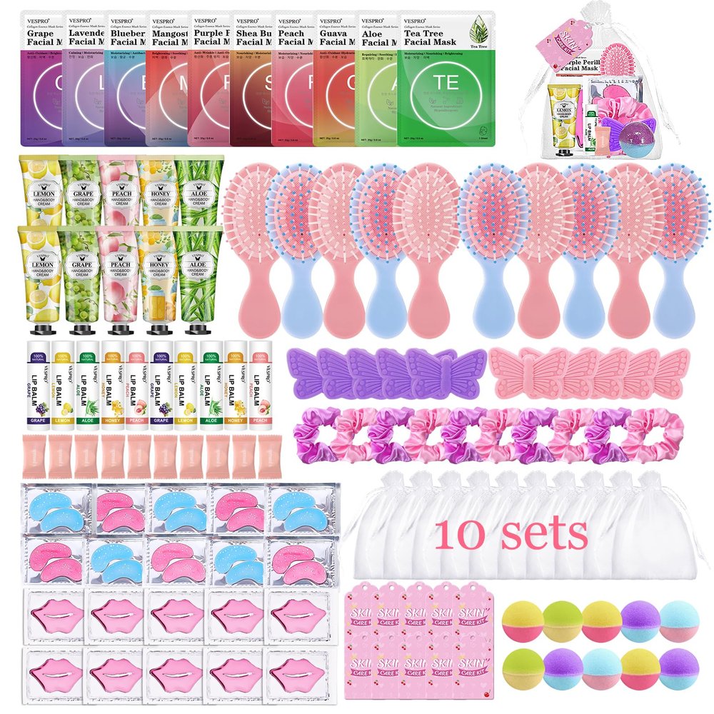 110PCS Spa Party Supplies for Girls Spa Party Favors Include Face Masks Skincare, Hand Cream, Lip Balm, Eye Patches, Lip Mask, Mini Hair Brush, Stocking Stuffers for Teen Girls, Sleepover Party Gifts