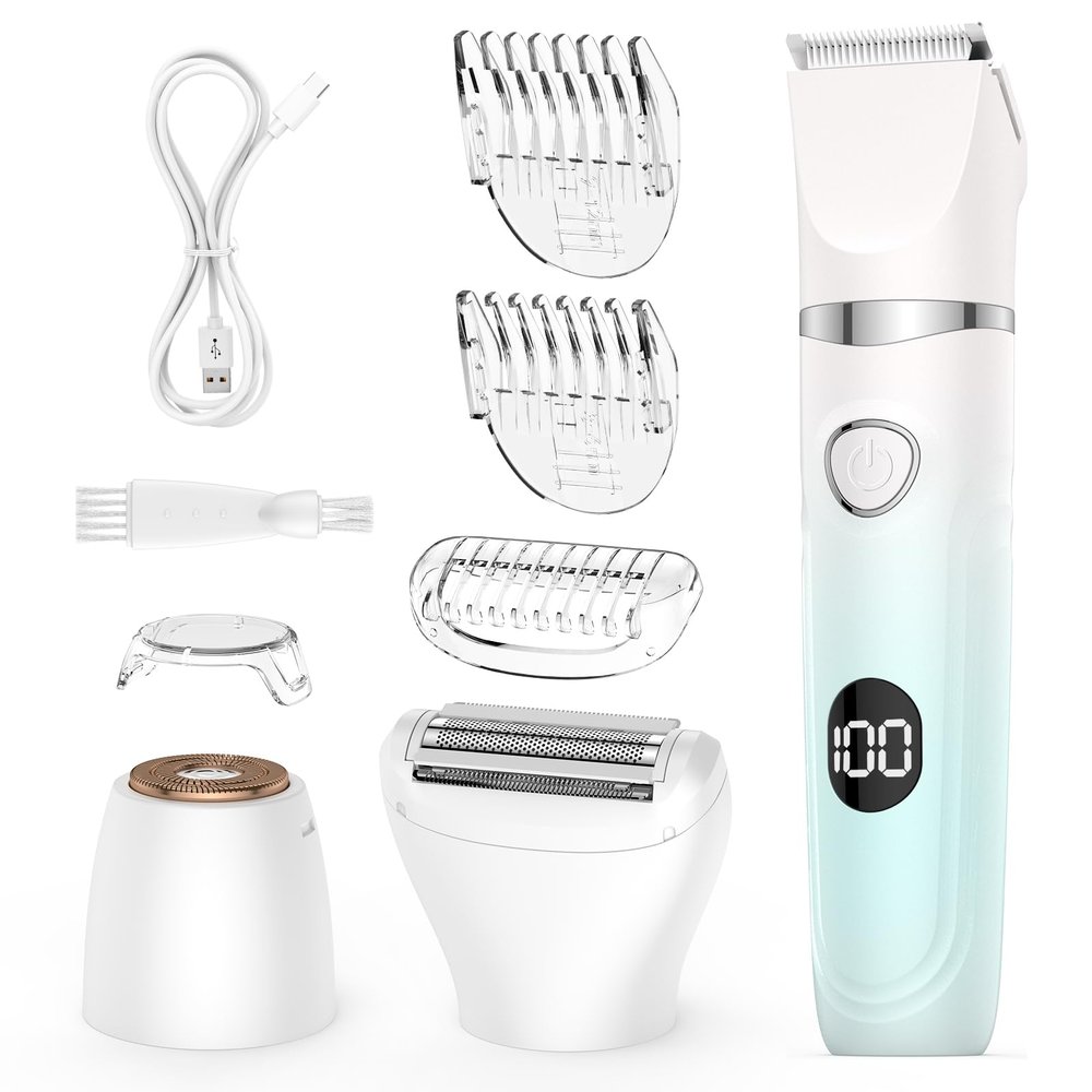 Bilitase Bikini Trimmer for Women,3-in-1 Electric Shaver for Women,Rechargeable Painless Pubic&Facial Razor for Sensitive Skin,Lip,Arms,Legs with LED Display (Gradient Green)