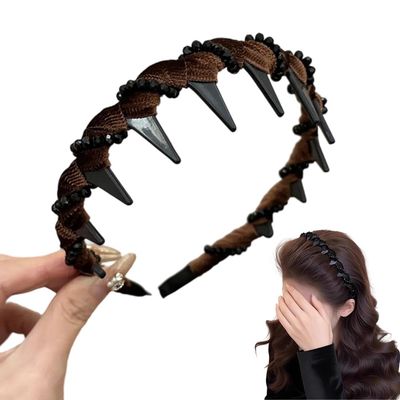 2025 New Vintage High Cranium Artificial Pearl Hairband, Elegant Braided Pearls Headbands with Teeth, Anti-slip Decorative Hair Bands Fashion Hair Accessories for Women (Rhinestone-Brown, One Size)