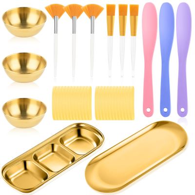 38 Pcs Esthetician Supplies for Facials: 3 Stainless Steel Gold Esthetician Bowls 2 Stainless Steel Mixing Gold Tray 3 Facial Fan Brushes 6 Face Mask Applicator Brush 24 Facial Sponge Compressed Round