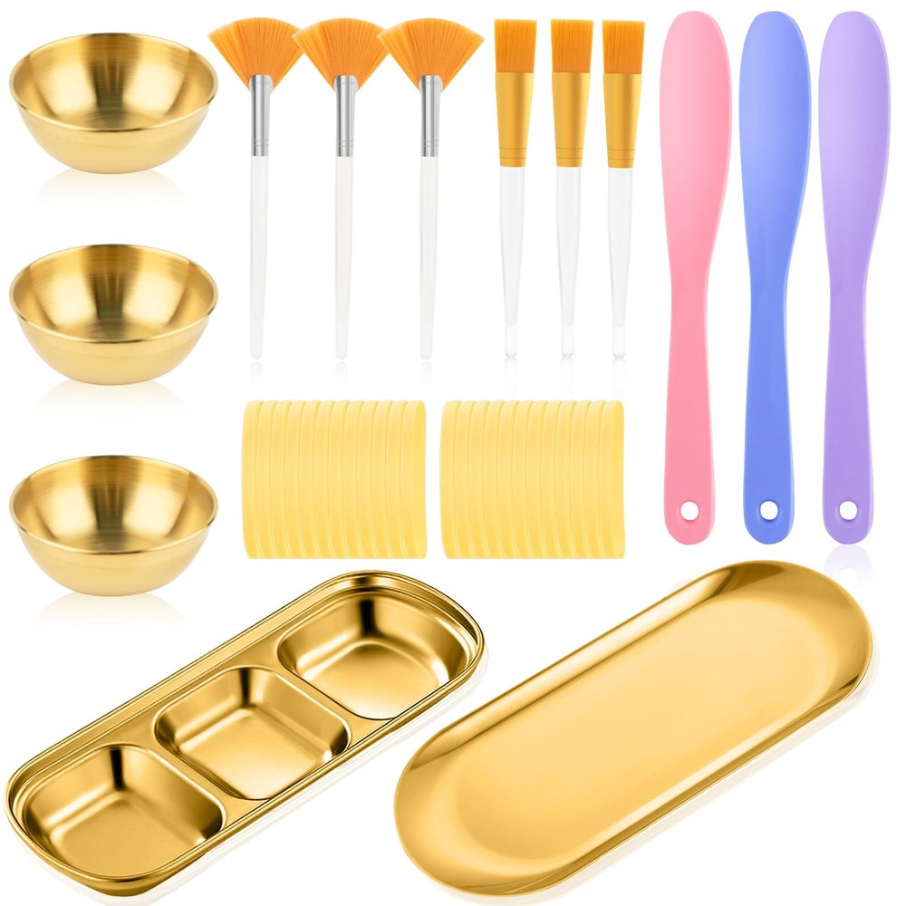 38 Pcs Esthetician Supplies for Facials: 3 Stainless Steel Gold Esthetician Bowls 2 Stainless Steel Mixing Gold Tray 3 Facial Fan Brushes 6 Face Mask Applicator Brush 24 Facial Sponge Compressed Round