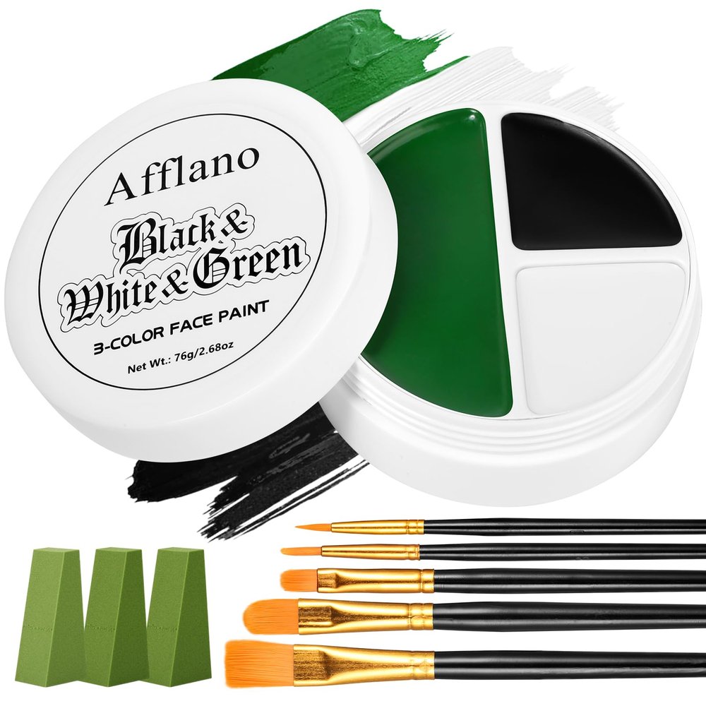 Black White Green Face Body Paint, Christmas Wicked Makeup Kit (3 Sponges + 5 Brushes), 9 Pcs Oil Based Non Toxic Green Face Painting Witch Kit for Halloween SFX, Hunting Hulk, Zombie, Costume,Cosplay