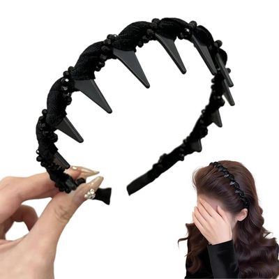 2025 New Vintage High Cranium Artificial Pearl Hairband, Elegant Braided Pearls Headbands with Teeth, Anti-slip Decorative Hair Bands Fashion Hair Accessories for Women (Rhinestone-Black, One Size)