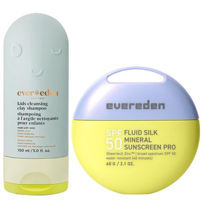 Evereden SPF50 Fluid Silk Mineral Kids Sunscreen & After Swim & Sports Kids Shampoo With Cleansing Clay Set: Sheer, Clean, Cooling, Non-Nano UVA & UVB Protection & Clean & Vegan Clarifying Shampoo