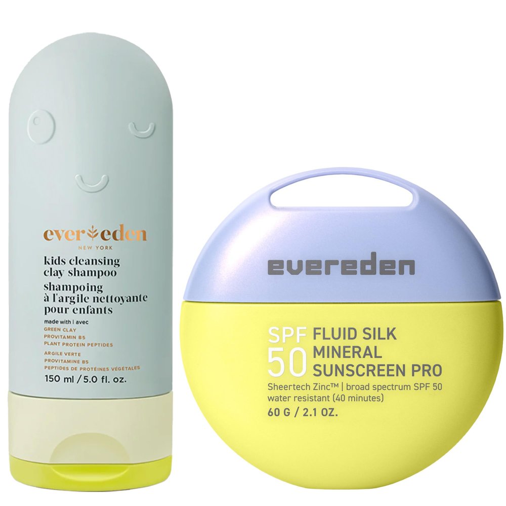 Evereden SPF50 Fluid Silk Mineral Kids Sunscreen & After Swim & Sports Kids Shampoo With Cleansing Clay Set: Sheer, Clean, Cooling, Non-Nano UVA & UVB Protection & Clean & Vegan Clarifying Shampoo