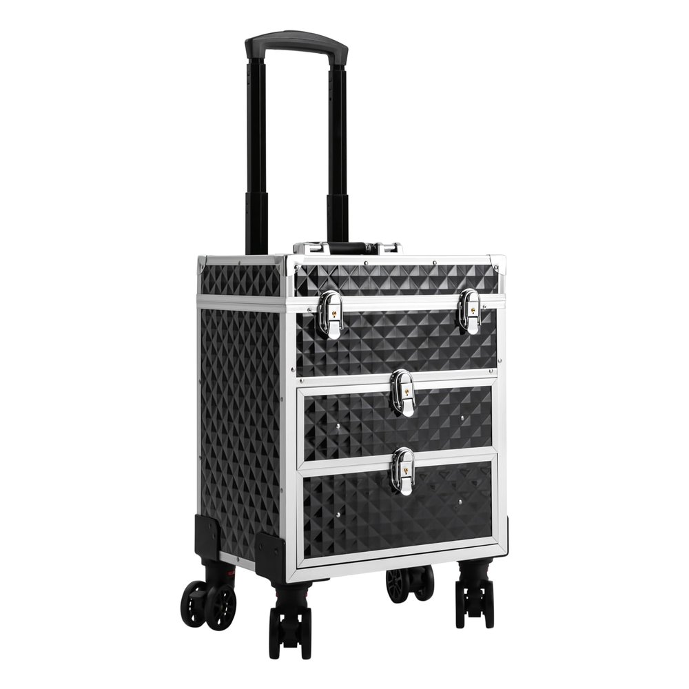 MUSESPANI 3 Tiers Professional Rolling Makeup Case with Sliding 2 large Drawers,Makeup Case with 360 Rotatable Wheels,Hairdressers Cosmetic Organizer for Store Cosmetics and Makeup ToolsBlack