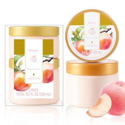 Peach Body Butter, Shea Body Butter and Body Moisturizer for Dry Skin, Smell Good, Peach Gifts for Women-2 Pack (3.4floz + 6.8 floz)