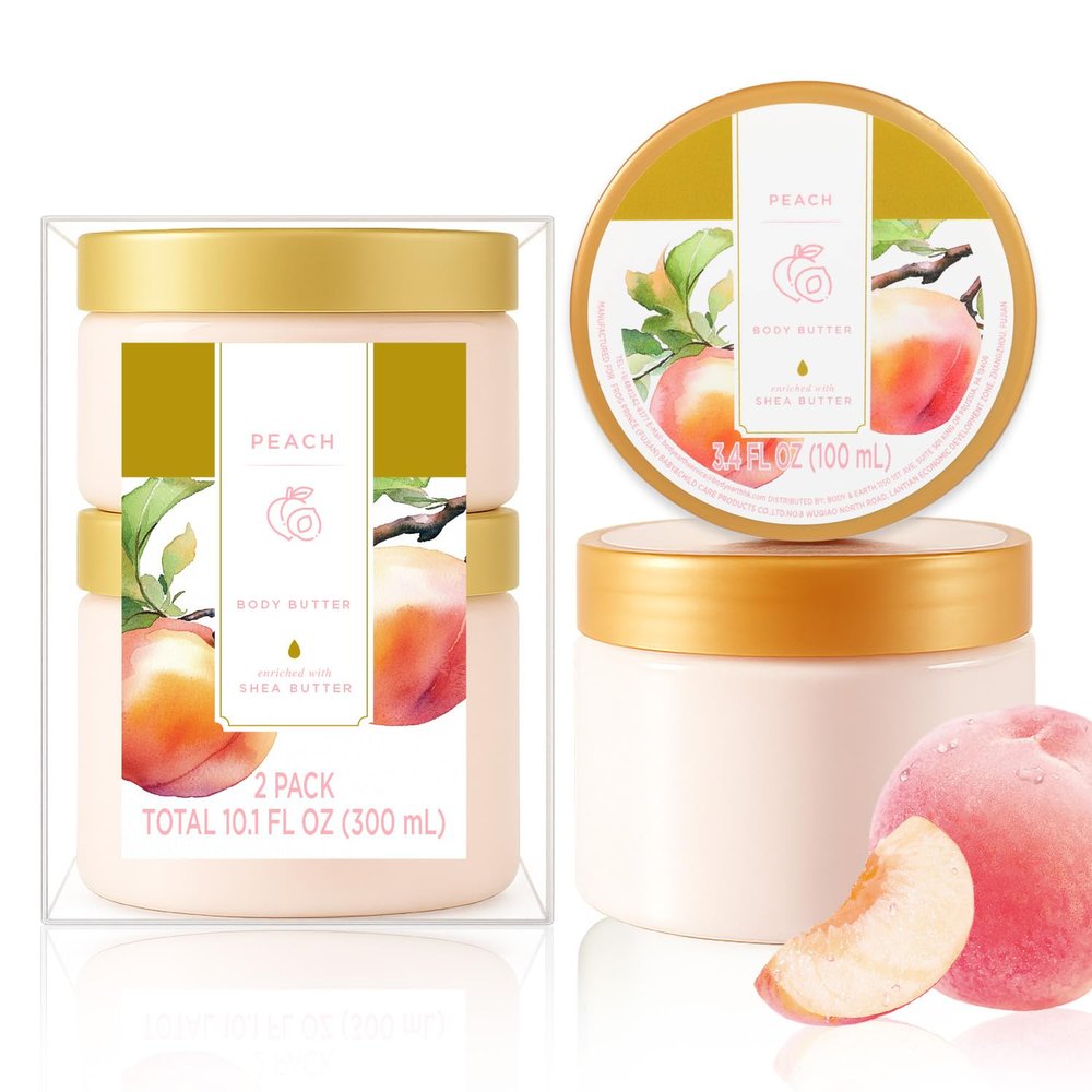 Peach Body Butter, Shea Body Butter and Body Moisturizer for Dry Skin, Smell Good, Peach Gifts for Women-2 Pack (3.4floz + 6.8 floz)