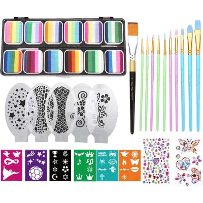 Body Painting Creams | Face Painting Kit With Stencils | 12-Grid Palette Washable Cosmetics With Brushes Stencils | Dependable | Versatile | 21x10.4x1.6cm | For Halloween Birthday