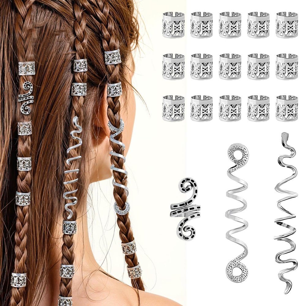 18pcs Snake Hair Clips Decoration Silver,Gold Hair Accessories for Braids,Metal Dreadlock Beads Set,Loc Jewelry for Black Women,Hairs Charms for Halloween Dreadlocks and Braiding