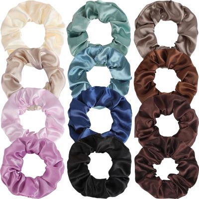 12 Pcs Satin Silk Scrunchies  Soft Hair Ties for Women & Girls, Thick Elastic Ponytail Holders, Hair Bands & Wrist Bracelets, Assorted Colors Scrunchies Hair Ties Silk Satin Scrunchy Hair Accessories