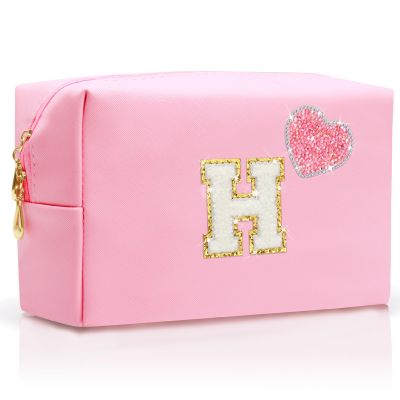 YILANCOL Personalized Initial Makeup Bag with Bling Heart Preppy Cosmetic Bag Cute Toiletry Travel Bag For Teen Girls Women Letter Makeup Pouch Purse for Holiday Birthday Christmas Gifts