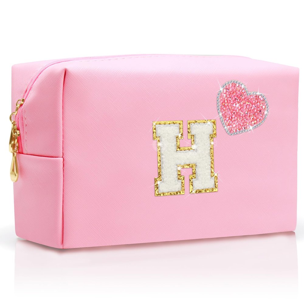 YILANCOL Personalized Initial Makeup Bag with Bling Heart Preppy Cosmetic Bag Cute Toiletry Travel Bag For Teen Girls Women Letter Makeup Pouch Purse for Holiday Birthday Christmas Gifts