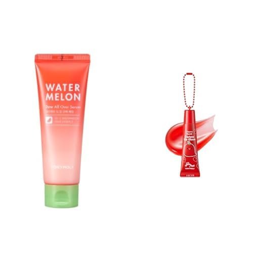 TONYMOLY Watermelon Dew All Over Body & Face Serum, Hydrating Serum for Glowing Skin, 4 oz + TONYMOLY x Squishmallows Christo Keychain Lip Gloss, Sheer Cherry Red Tint, 11ml