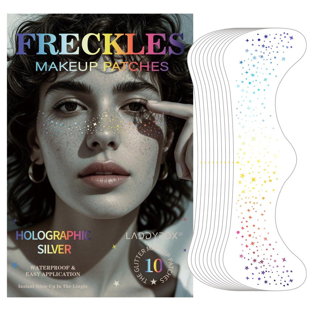 10 Pcs Face Holographic Laser Makeup Patches, Holographic Multichrome Glitter Freckles Face Tattoo, Glitter Freckles, Sparkle and Waterproof Face Glitter Temporary Tattoos for Women