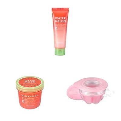 TONYMOLY Watermelon Trio - Watermelon Dew All Over Body & Face Serum, 4 oz + Watermelon Dew All Over Body Sugar Polish, 10 oz + Jelly Lip Melt, Watermelon, Hydrating & Nourishing Lip Balm Treatment