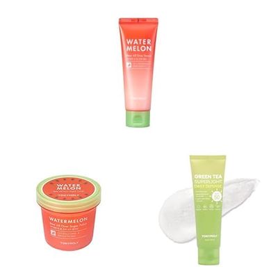 TONYMOLY Watermelon Dew All Over Body & Face Serum, 4 oz + Watermelon Dew All Over Body Sugar Polish, 10 oz + Green Tea Korean Sunscreen for Face, SPF 50, 50ml