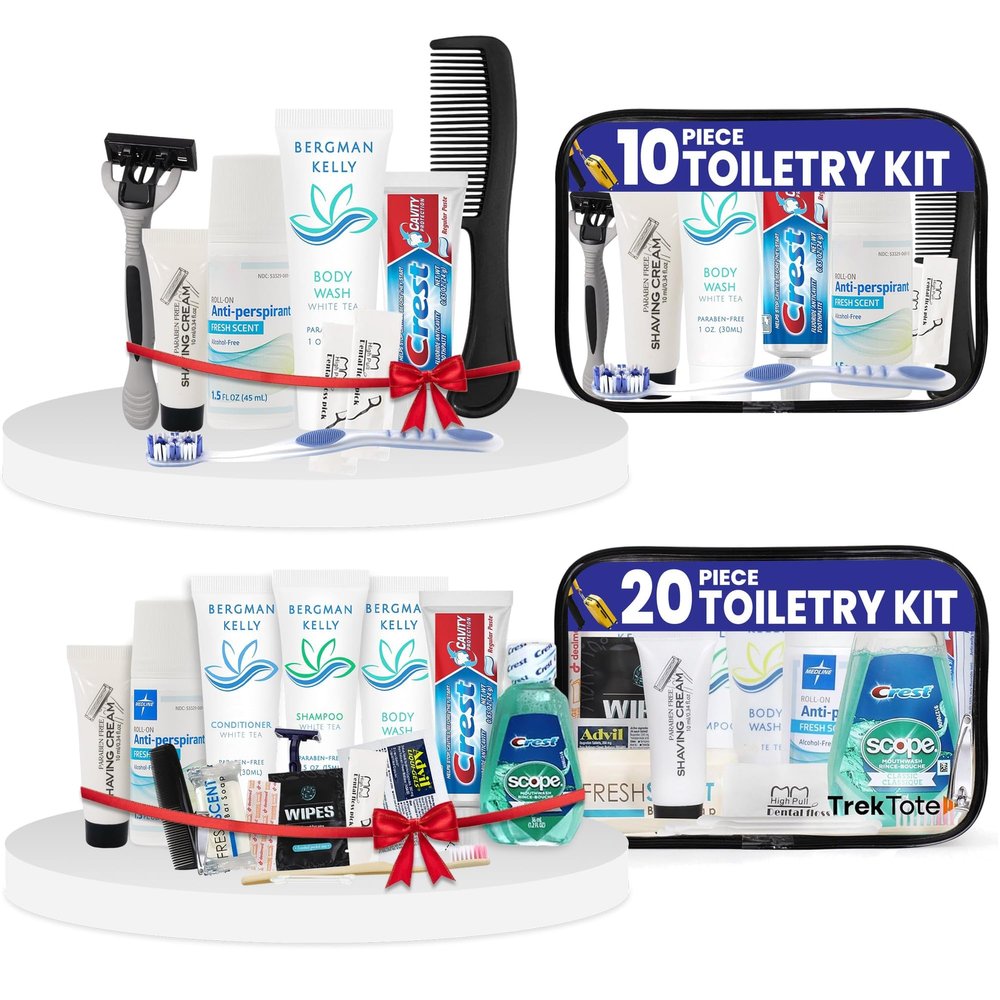 Trektote Travel Toiletry Kit Bundle For Men And Women  10-20 Piece Set of Travel Size Toiletries, TSA Compliant, Travel Essentials, Includes Shampoo And Conditioner, Body Wash, Toiletry Bag & More