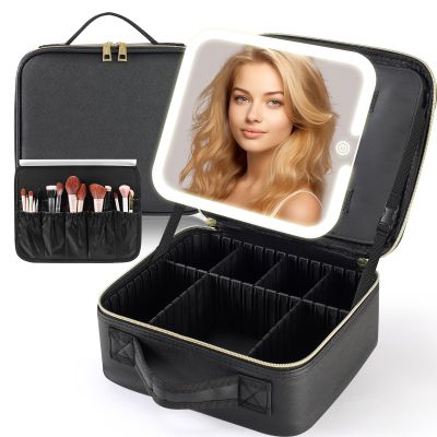 Junyaoxuan Travel Makeup Bag with LED Mirror,Travel Makeup Organizer with Removable LED Mirror,Makeup Case with Lighted Mirror 3 Color Setting,Black