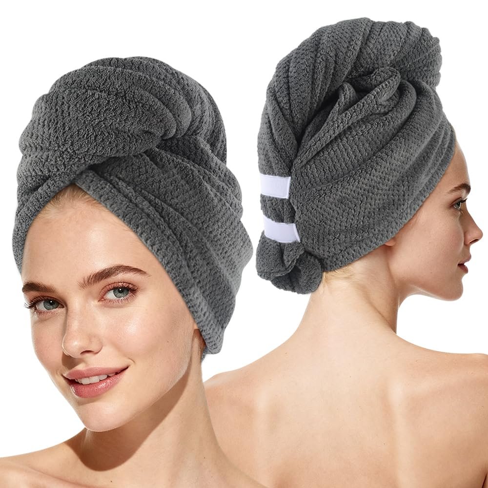 SUNLAND Microfiber Hair Towel Wrap, Hair Drying Towel with Button, Hair Turbans for Wet Hair Head Towel to Dry Hair Quickly 2 Pack