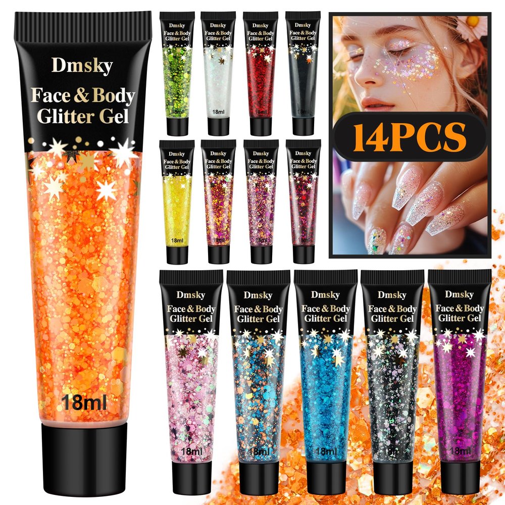 14 Colors Body Glitter,Face Glitter Makeup for Kids Women,Sparkly Chunky Hair Glitter for Eye Lip Nails,Mardi Gras Glitter Makeup Face Paint,Singer Concerts Disco Rave Festival Accessories-Hallowmas