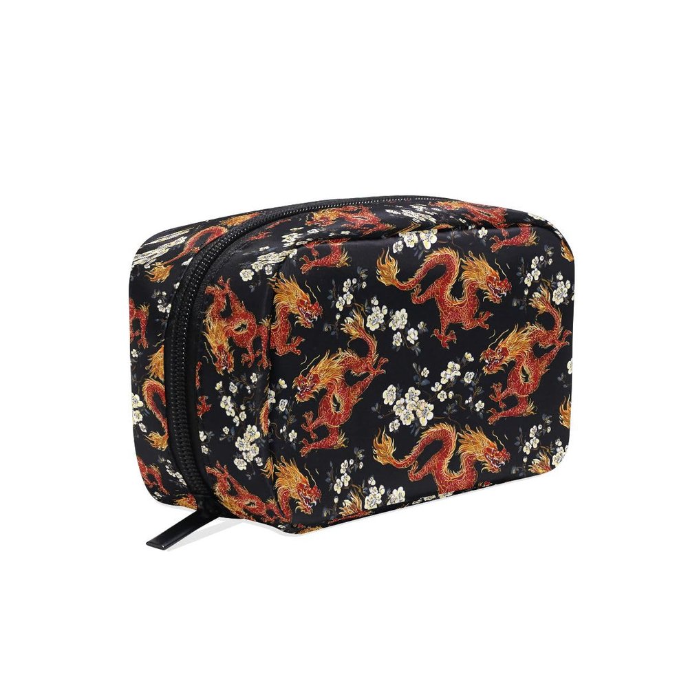 ALAZA Makeup Bag Cosmetic Bags for Women Small Zipper Pouch Travel Chinese Dragon Flower Cosmetic Organizer Case Portable For Purse