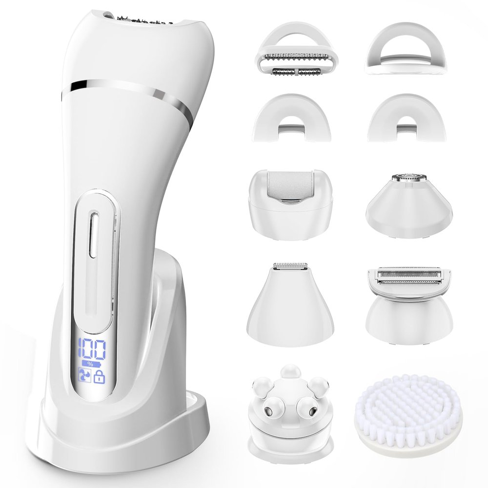 Electric Shavers for Women, 7 in 1 Hair Removal Kit with Epilator Bikini Trimmer Face Razor Body Brush Face Massager Foot Callus Remover, IPX7 Waterproof Lady Razors Set for Legs Armpit Bikini Pubic