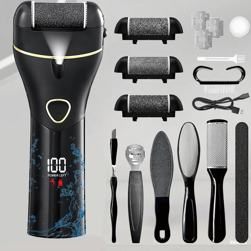 18 in 1 Electric Callus Remover for Feet, Electric Waterproof Scrubber Dead Skin Removal Tool with 3 Roller Heads, 2 Speed Feet File Pedi for Cracked Heels, Calluses, Dead Skin (Black)