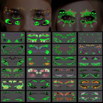 24PCS Halloween Makeup Glow in the Dark Eye Shadow Temporary Tattoos Eyeliner Tattoo Spider Web Bat Cat Ghost Design Fake Tattoos for Women Girls Men Face Eye Cosplay Halloween Party Supplies