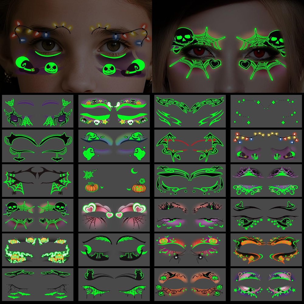 24PCS Halloween Makeup Glow in the Dark Eye Shadow Temporary Tattoos Eyeliner Tattoo Spider Web Bat Cat Ghost Design Fake Tattoos for Women Girls Men Face Eye Cosplay Halloween Party Supplies