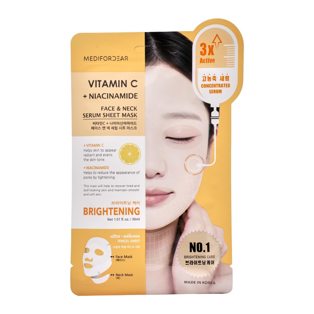 MEDIFORDEAR Vitamin C + Niacinamide Face & Neck Serum Sheet Mask Set (5pcs), Radiant Glow, Deep Hydration, Dual-Area Care, Dermatologist Tested