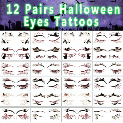 12 Pairs Halloween Glow Up Eye Shadow Temporary Tattoos Eyeliner Tattoo Stickers Spider Web Bat Pattern Eyeliner Fake Tattoos for Women Men Face Eye Makeup Halloween Decals Party Supplies