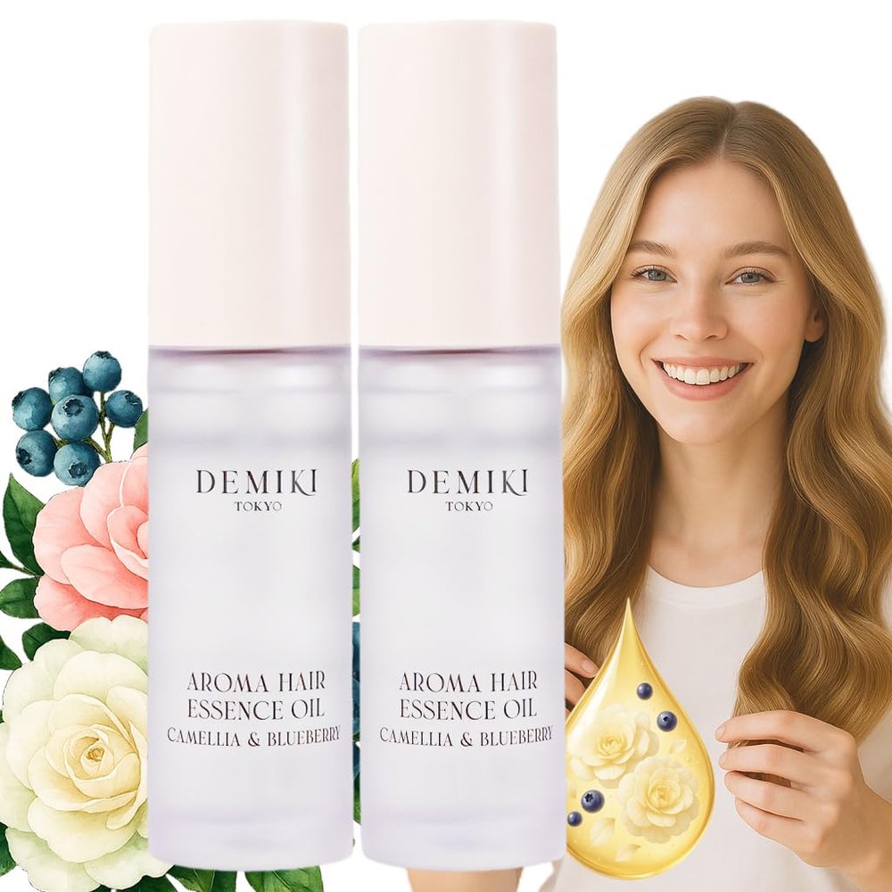 DEMIKI Japanese Hair Oil - Hair Oil for Frizzy and Damaged Hair -Hydrating Hair Oils - Frizz Control & Heat Protection, Curly Hair - Camellia&Blueberry 1.18 fl.oz-2pcs