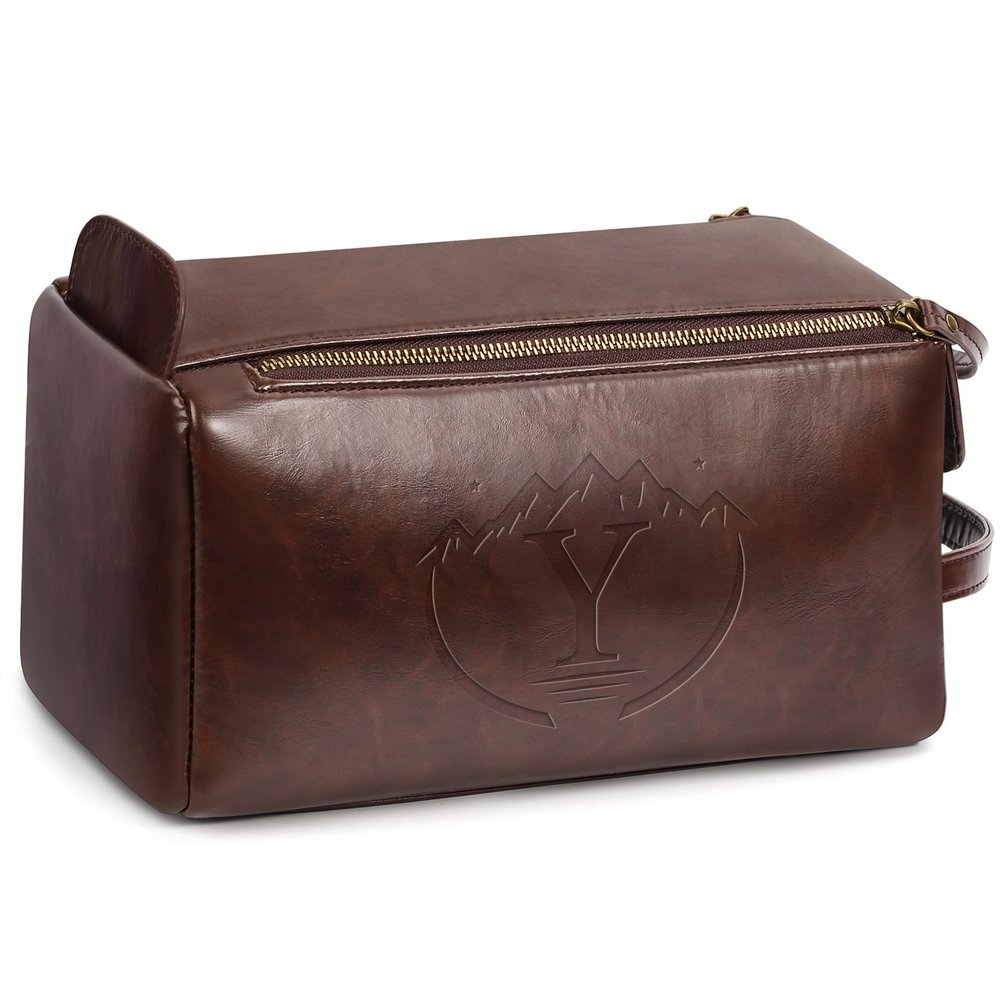 BagUrshion Personalized Toiletry Bag for Men,Initial Mens Toiletry Bags for Traveling,Men Travel Toiletries Bag,PU Leather Shaving Bag for Toiletries Accessories kit,Dark Brown Y