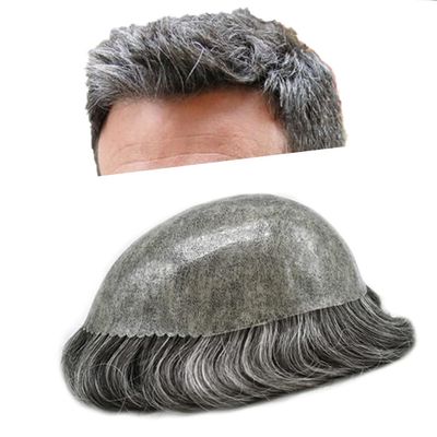 Toupee for Men Hairpiece Mens Hair Replacement System Full Injected PU Durable Skin Mens Toupee Wig Soft Human Hair Piece for Men Grey 7"x10" #1B50 Off Black+50% Gray-130% Medium Density