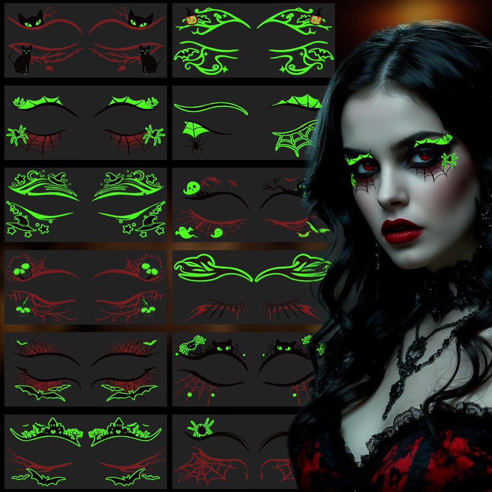 12 Pairs Glow Halloween Eye Shadow Stickers Face Makeup Patches, Luminous Eyeliner Decals Spider Web Cat Skull Bat Temporary Tattoo for Women Girls Fake Tattoos Halloween Masquerade Party Supplies