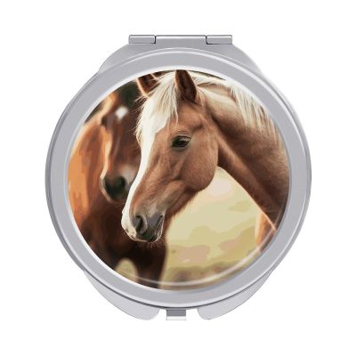 BSCKKDMN Portable Travel Makeup Mirror Folding Cosmetic Compact Mirror with 2 X 1x Magnification Adorable Horse Mini Pocket Mirror for Women Ladies Purses