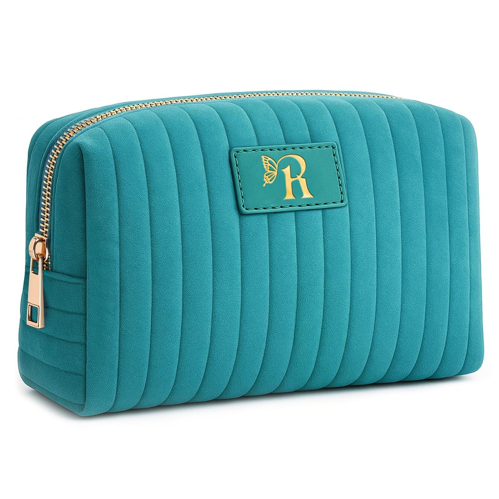 BagUrshion Monogrammed Make Up Bags for Women,Personalized Cosmetic Bags Women,Small Quilted Makeup Pouch,Cute Makeup Bag Travel,Birthday Gifts for Teen Girl (Blue R)