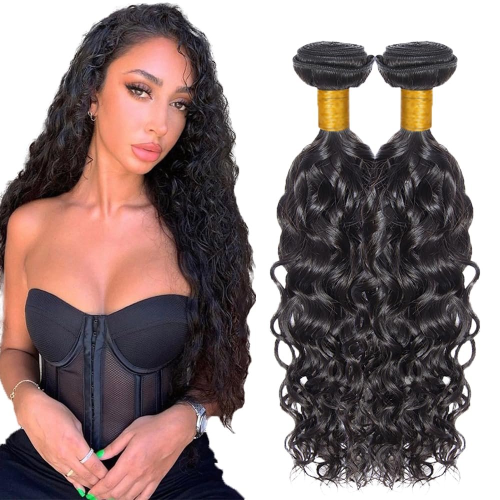 #1B Human Hair Bundles Water Wave Bundles 32 34 Inch 2 Bundles Unprocessed Brazilian Virgin Hair Weave 100 Grams Per Bundle Water Wave Bundle Human Hair Extensions Natural Color