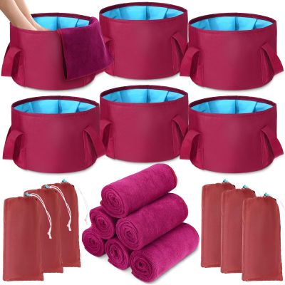 FillTouch 12 Pcs 15L Foldable Foot Soaking Tub Kit Portable Foot Bath Tub for Soaking Feet with Towel and Storage Bag Soak Spa Bucket for Travel Camping (Claret)