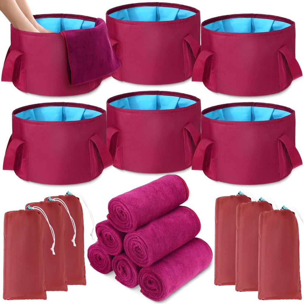FillTouch 12 Pcs 15L Foldable Foot Soaking Tub Kit Portable Foot Bath Tub for Soaking Feet with Towel and Storage Bag Soak Spa Bucket for Travel Camping (Claret)