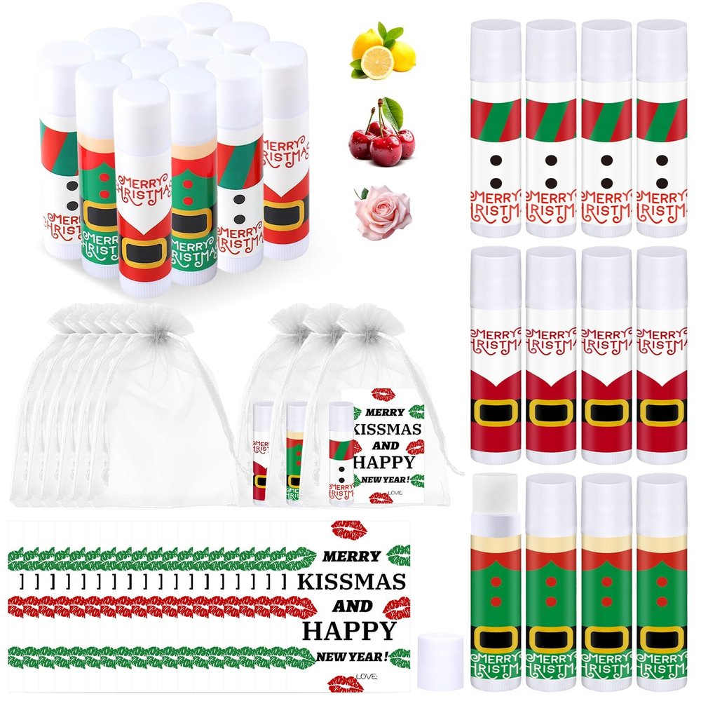 24 Sets Christmas Lip Balm Bulk Sets Christmas Lip Balm with Merry Kissmas Card & Organza Bags for Women Men Xmas Lips Balms Employee Appreciation Gifts for Coworker Employee Staff Team