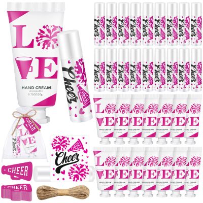 Heigble 144 Pcs Cheerleading Lip Balms Hand Cream Sets Pink Cheerleading Party Supplies Including 36 Lip Balm and Moisturizing Hand Cream 36 Organza Bags Cards and Ropes for Team Thank You Gifts