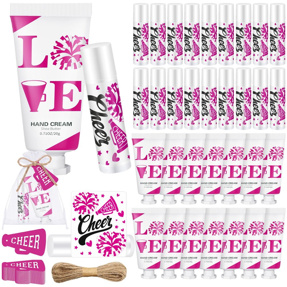 Heigble 144 Pcs Cheerleading Lip Balms Hand Cream Sets Pink Cheerleading Party Supplies Including 36 Lip Balm and Moisturizing Hand Cream 36 Organza Bags Cards and Ropes for Team Thank You Gifts