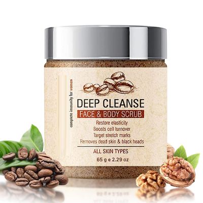 Exfoliate Coffee Scrub For Face & Body, Deep Cleanse, Blackhead Remover, Glowing Skin, Anti Acne, De Tan Removal Ayurveda, Dirt Removal From Neck, Knees, Elbows, Arms, 65g (Pack Of 1)