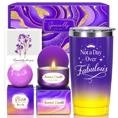 Valentines Day Birthday Gifts Set for Women Her Mom Wife Girlfriend Friend - Purple Self Care Spa Relaxation Gift Basket Set with Novelty Stainless Steel Coffee Tumbler, Lavender Candle, Bath Bomb